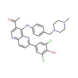 CC(=O)c1cnc2ccc(-c3cc(Cl)c(O)c(Cl)c3)nc2c1Nc1ccc(CN2CCN(C)CC2)cc1 ZINC000473213486