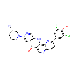 CC(=O)c1cnc2ccc(-c3cc(Cl)c(O)c(Cl)c3)nc2c1Nc1ccc(N2CCC[C@H](N)C2)nc1 ZINC000473164809