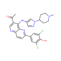 CC(=O)c1cnc2ccc(-c3cc(Cl)c(O)c(Cl)c3)nc2c1Nc1cnn(C2CCN(C)CC2)c1 ZINC000473213470