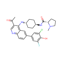 CC(=O)c1cnc2ccc(-c3cc(F)c(O)c(Cl)c3)cc2c1N[C@H]1CC[C@H](NC(=O)[C@@H]2CCCN2C)CC1 ZINC000473183382