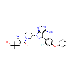 CC(C)(/C=C(\C#N)C(=O)N1CCC[C@@H](n2nc(-c3ccc(Oc4ccccc4)cc3F)c3c(N)ncnc32)C1)CO ZINC000223573267