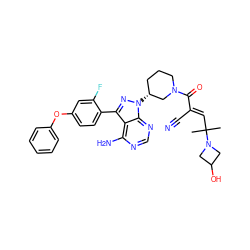 CC(C)(/C=C(\C#N)C(=O)N1CCC[C@@H](n2nc(-c3ccc(Oc4ccccc4)cc3F)c3c(N)ncnc32)C1)N1CC(O)C1 ZINC000207779001