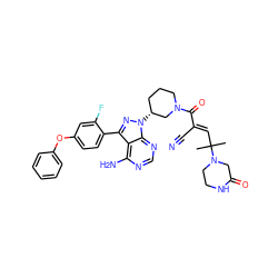 CC(C)(/C=C(\C#N)C(=O)N1CCC[C@@H](n2nc(-c3ccc(Oc4ccccc4)cc3F)c3c(N)ncnc32)C1)N1CCNC(=O)C1 ZINC000223572933