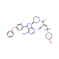 CC(C)(/C=C(\C#N)C(=O)N1CCC[C@H](n2nc(-c3ccc(Oc4ccccc4)cc3F)c3c(N)ncnc32)C1)N1CCC(O)CC1 ZINC000224329391