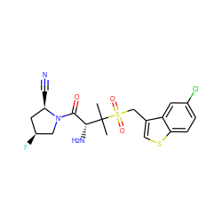 CC(C)([C@H](N)C(=O)N1C[C@@H](F)C[C@H]1C#N)S(=O)(=O)Cc1csc2ccc(Cl)cc12 ZINC000028566268