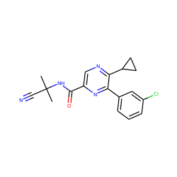 CC(C)(C#N)NC(=O)c1cnc(C2CC2)c(-c2cccc(Cl)c2)n1 ZINC000207339249