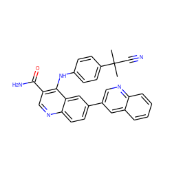 CC(C)(C#N)c1ccc(Nc2c(C(N)=O)cnc3ccc(-c4cnc5ccccc5c4)cc23)cc1 ZINC000653754349