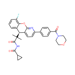 CC(C)(C(=O)NC(=O)C1CC1)[C@@H]1c2ccc(-c3ccc(C(=O)N4CCOCC4)cc3)nc2Oc2c(F)cccc21 ZINC000299833230