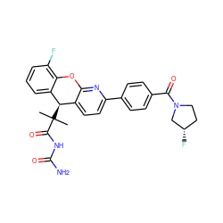 CC(C)(C(=O)NC(N)=O)[C@@H]1c2ccc(-c3ccc(C(=O)N4CC[C@H](F)C4)cc3)nc2Oc2c(F)cccc21 ZINC000299825370