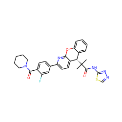 CC(C)(C(=O)Nc1nncs1)[C@H]1c2ccccc2Oc2nc(-c3ccc(C(=O)N4CCCCC4)c(F)c3)ccc21 ZINC000073170171