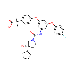 CC(C)(C(=O)O)c1ccc(Oc2cc(NC(=O)N3CC[C@](O)(C4CCCC4)C3)cc(Oc3ccc(F)cc3)c2)cc1 ZINC000224467410