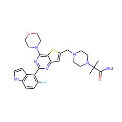 CC(C)(C(N)=O)N1CCN(Cc2cc3nc(-c4c(F)ccc5[nH]ccc45)nc(N4CCOCC4)c3s2)CC1 ZINC000095554003