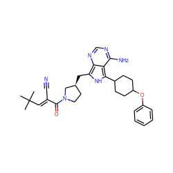 CC(C)(C)/C=C(\C#N)C(=O)N1CC[C@H](Cc2[nH]c(C3CCC(Oc4ccccc4)CC3)c3c(N)ncnc23)C1 ZINC001772579646