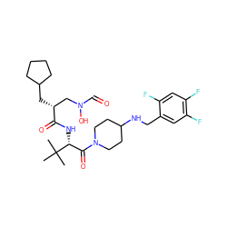 CC(C)(C)[C@H](NC(=O)[C@H](CC1CCCC1)CN(O)C=O)C(=O)N1CCC(NCc2cc(F)c(F)cc2F)CC1 ZINC000141112347