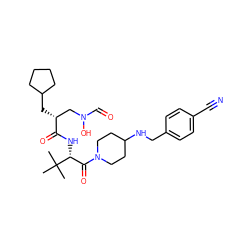 CC(C)(C)[C@H](NC(=O)[C@H](CC1CCCC1)CN(O)C=O)C(=O)N1CCC(NCc2ccc(C#N)cc2)CC1 ZINC000141015869