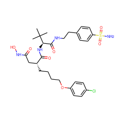 CC(C)(C)[C@H](NC(=O)[C@H](CCCCOc1ccc(Cl)cc1)CC(=O)NO)C(=O)NCCc1ccc(S(N)(=O)=O)cc1 ZINC000026576840