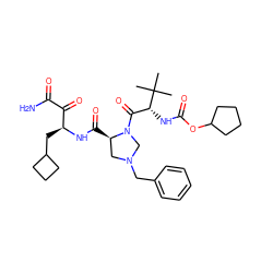 CC(C)(C)[C@H](NC(=O)OC1CCCC1)C(=O)N1CN(Cc2ccccc2)C[C@H]1C(=O)N[C@@H](CC1CCC1)C(=O)C(N)=O ZINC000142506770