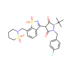 CC(C)(C)[C@H]1C(=O)C(C2=NS(=O)(=O)c3c(CN4CCCCS4(=O)=O)cccc32)C(=O)N1Cc1ccc(F)cc1 ZINC000101288050