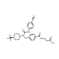 CC(C)(C)[C@H]1CC[C@H](N(Cc2ccc(C(=O)NCCC(=O)O)cc2)C(=O)Nc2ccc(C#N)cc2)CC1 ZINC000253883938