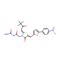 CC(C)(C)C(=O)/C=c1\s/c(=C\c2ccc(-c3ccc([N+](=O)[O-])cc3)o2)c(=O)n1CC(=O)NC(N)=O ZINC000012565871