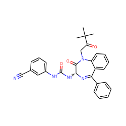 CC(C)(C)C(=O)CN1C(=O)[C@@H](NC(=O)Nc2cccc(C#N)c2)N=C(c2ccccc2)c2ccccc21 ZINC000013760932