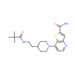 CC(C)(C)C(=O)NCCC1CCN(c2ccnc3cc(C(N)=O)sc23)CC1 ZINC000095586640