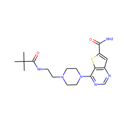 CC(C)(C)C(=O)NCCN1CCN(c2ncnc3cc(C(N)=O)sc23)CC1 ZINC000095590408