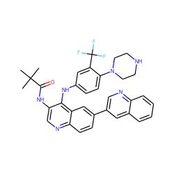 CC(C)(C)C(=O)Nc1cnc2ccc(-c3cnc4ccccc4c3)cc2c1Nc1ccc(N2CCNCC2)c(C(F)(F)F)c1 ZINC000653718336