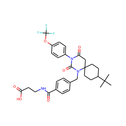 CC(C)(C)C1CCC2(CC1)CC(=O)N(c1ccc(OC(F)(F)F)cc1)C(=O)N2Cc1ccc(C(=O)NCCC(=O)O)cc1 ZINC000028527384