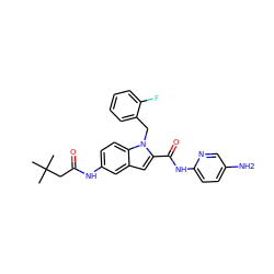 CC(C)(C)CC(=O)Nc1ccc2c(c1)cc(C(=O)Nc1ccc(N)cn1)n2Cc1ccccc1F ZINC000028526140