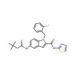 CC(C)(C)CC(=O)Nc1ccc2c(c1)cc(C(=O)Nc1nncs1)n2Cc1ccccc1F ZINC000028525679