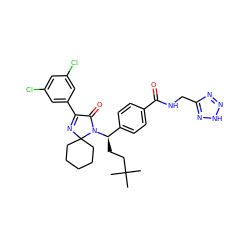 CC(C)(C)CC[C@H](c1ccc(C(=O)NCc2nn[nH]n2)cc1)N1C(=O)C(c2cc(Cl)cc(Cl)c2)=NC12CCCCC2 ZINC000146698737