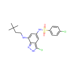 CC(C)(C)CCNc1cc(NS(=O)(=O)c2ccc(Cl)cc2)cc2c(Cl)[nH]nc12 ZINC000013531370