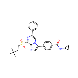 CC(C)(C)CCS(=O)(=O)c1nc(-c2ccccc2)cn2c(-c3ccc(C(=O)NC4CC4)cc3)cnc12 ZINC000072316960