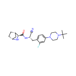 CC(C)(C)N1CCN(c2ccc(C[C@@H](C#N)NC(=O)[C@H]3N[C@@H]4CC[C@H]3C4)c(F)c2)CC1 ZINC000219301346