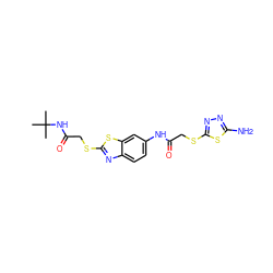 CC(C)(C)NC(=O)CSc1nc2ccc(NC(=O)CSc3nnc(N)s3)cc2s1 ZINC000001777238