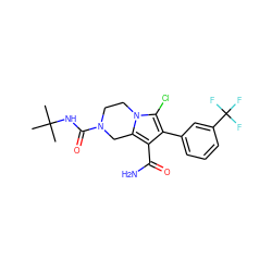 CC(C)(C)NC(=O)N1CCn2c(Cl)c(-c3cccc(C(F)(F)F)c3)c(C(N)=O)c2C1 ZINC001772653552