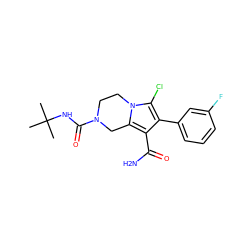 CC(C)(C)NC(=O)N1CCn2c(Cl)c(-c3cccc(F)c3)c(C(N)=O)c2C1 ZINC001772656893