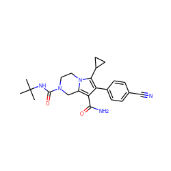 CC(C)(C)NC(=O)N1CCn2c(c(C(N)=O)c(-c3ccc(C#N)cc3)c2C2CC2)C1 ZINC000199022034