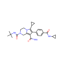 CC(C)(C)NC(=O)N1CCn2c(c(C(N)=O)c(-c3ccc(C(=O)NC4CC4)cc3)c2C2CC2)C1 ZINC001772581366