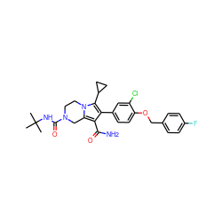 CC(C)(C)NC(=O)N1CCn2c(c(C(N)=O)c(-c3ccc(OCc4ccc(F)cc4)c(Cl)c3)c2C2CC2)C1 ZINC001772645580