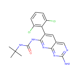 CC(C)(C)NC(=O)Nc1nc2nc(N)ncc2cc1-c1c(Cl)cccc1Cl ZINC000003815345