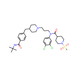 CC(C)(C)NC(=O)c1ccc(CC2CCN(CCCN(C(=O)C3CCN(S(C)(=O)=O)CC3)c3ccc(Cl)c(Cl)c3)CC2)cc1 ZINC000049937626