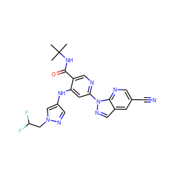 CC(C)(C)NC(=O)c1cnc(-n2ncc3cc(C#N)cnc32)cc1Nc1cnn(CC(F)F)c1 ZINC001772578684