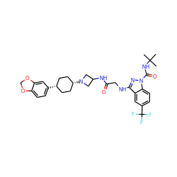 CC(C)(C)NC(=O)n1nc(NCC(=O)NC2CN([C@H]3CC[C@@H](c4ccc5c(c4)OCO5)CC3)C2)c2cc(C(F)(F)F)ccc21 ZINC000253804965