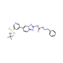 CC(C)(C)NS(=O)(=O)c1cncc(-c2ccc3nc(NC(=O)NCCc4ccccc4)nn3c2)c1 ZINC000084712903