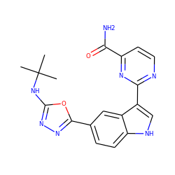 CC(C)(C)Nc1nnc(-c2ccc3[nH]cc(-c4nccc(C(N)=O)n4)c3c2)o1 ZINC000203729352