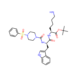 CC(C)(C)OC(=O)[C@H](CCCCN)NC(=O)[C@@H](Cc1c[nH]c2ccccc12)NC(=O)N1CCN(S(=O)(=O)c2ccccc2)CC1 ZINC000003933987