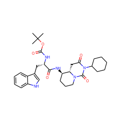 CC(C)(C)OC(=O)N[C@@H](Cc1c[nH]c2ccccc12)C(=O)N[C@@H]1CCCN2C(=O)N(C3CCCCC3)C(=O)C[C@@H]12 ZINC000003936106