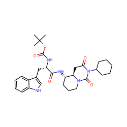 CC(C)(C)OC(=O)N[C@@H](Cc1c[nH]c2ccccc12)C(=O)N[C@H]1CCCN2C(=O)N(C3CCCCC3)C(=O)C[C@H]12 ZINC000026289187